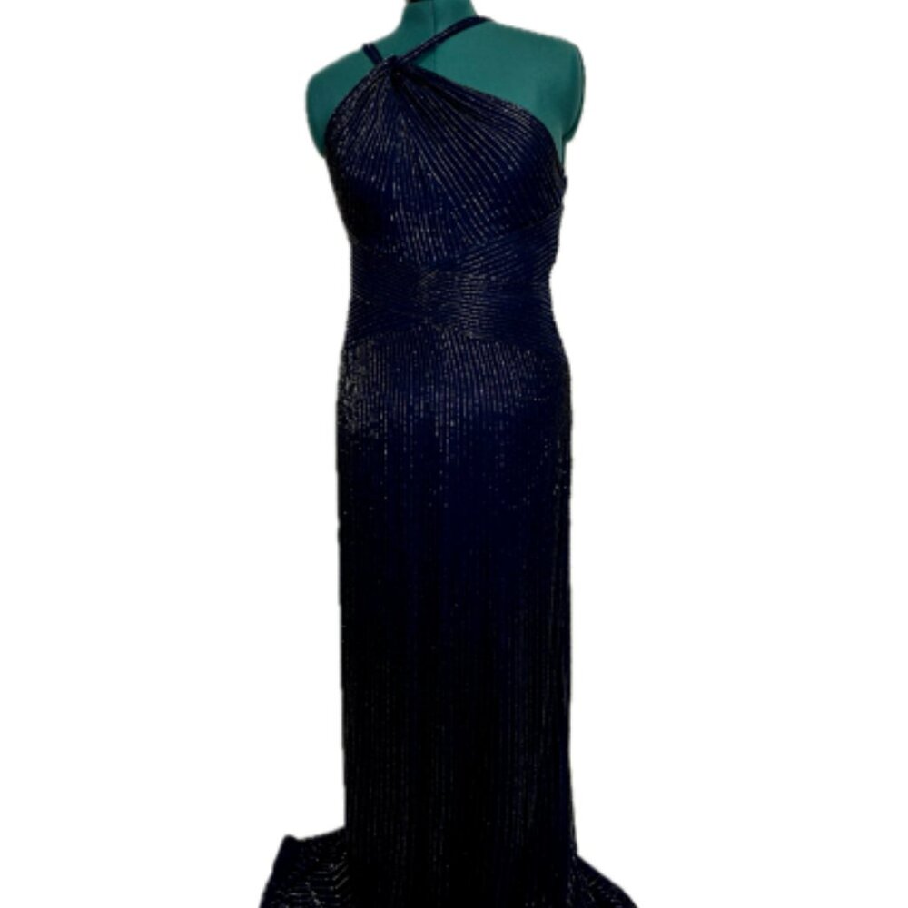 Parker NWOT One Shoulder Blue Beaded Cocktail Gown